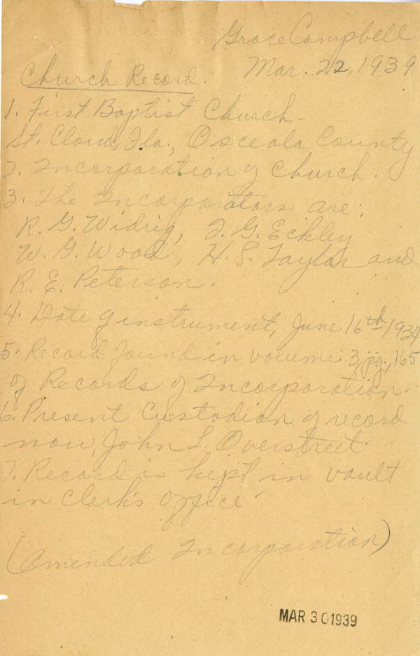 List of Osceola County church incorporations, 1939
