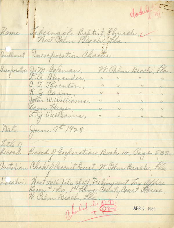 List of Palm Beach County church incorporations, 1939