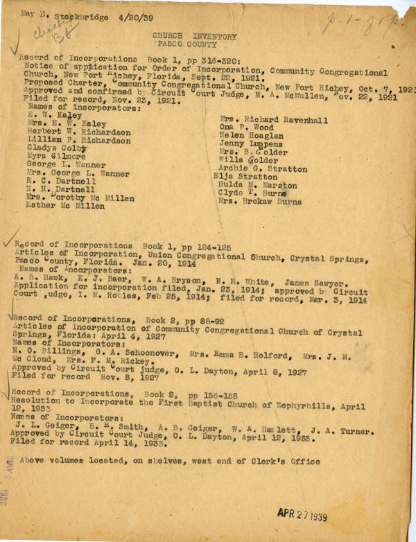 List of Pasco County church incorporations, 1939