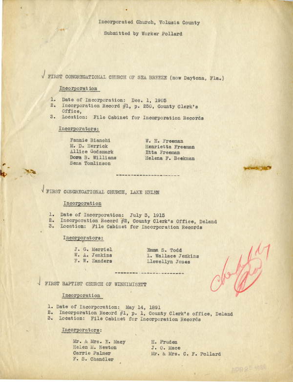 List of Volusia County church incorporations, 1939
