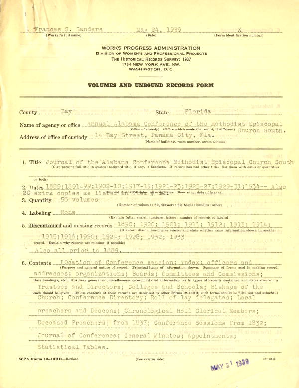 Journals of the Alabama Conference, Methodist Episcopal Church South held by Frances Sanders, 1939