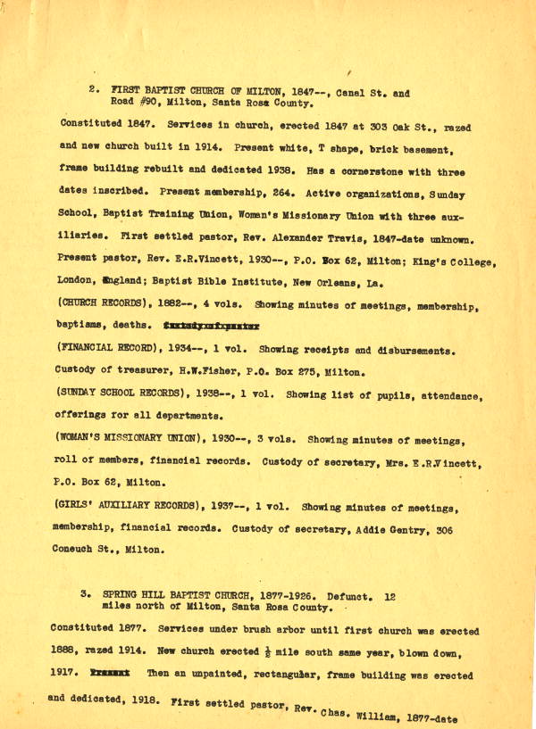 Assorted historical data on churches in Santa Rosa and Okaloosa counties, 1939