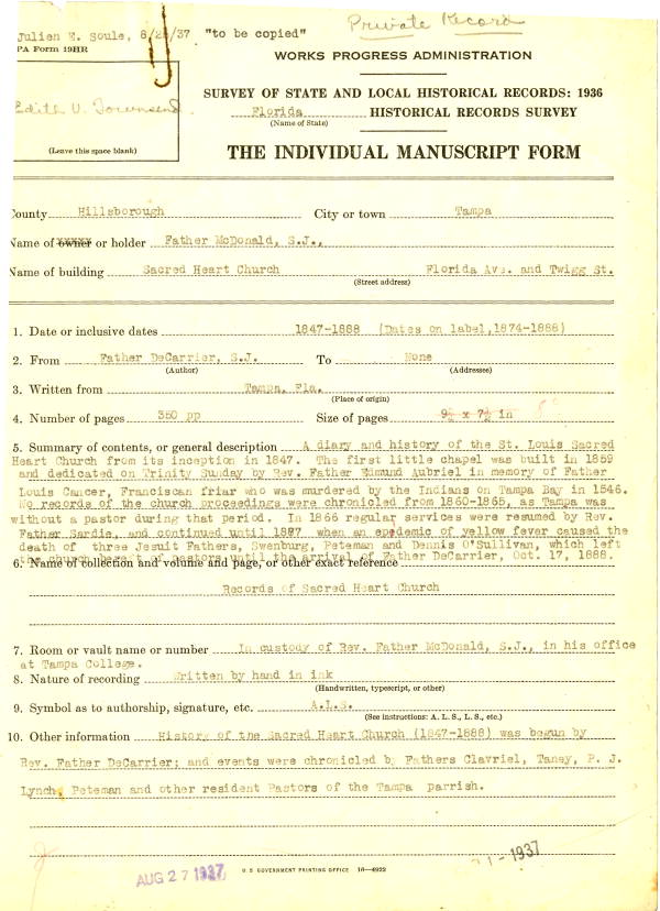 Historical Records of St. Louis Sacred Heart Church in Tampa, 1939