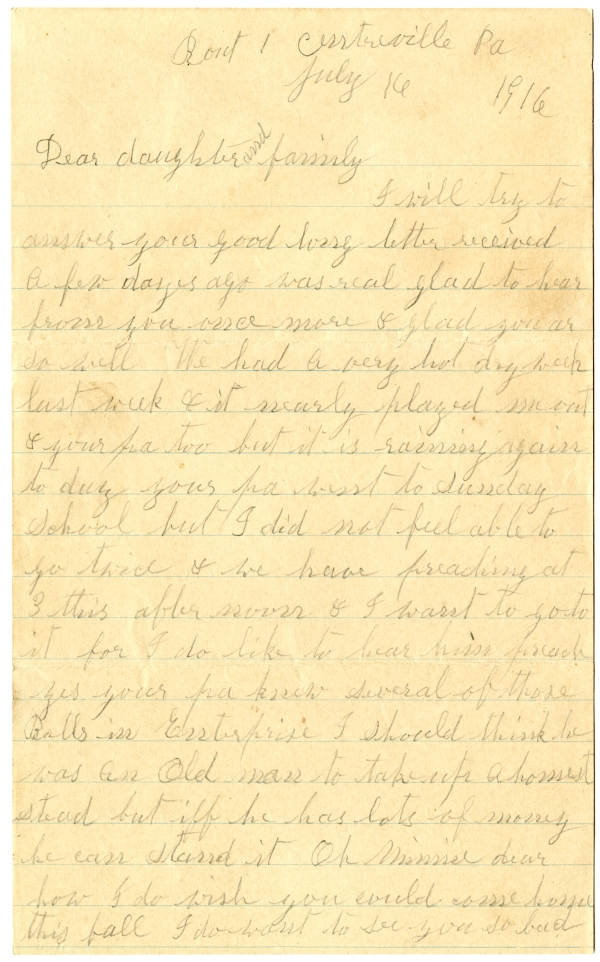 Letter from Olive Fish to Minnie Bevins - July 16 1916