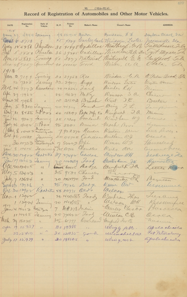 Florida Automobile Registration Record (Volume 2), 1912-1917