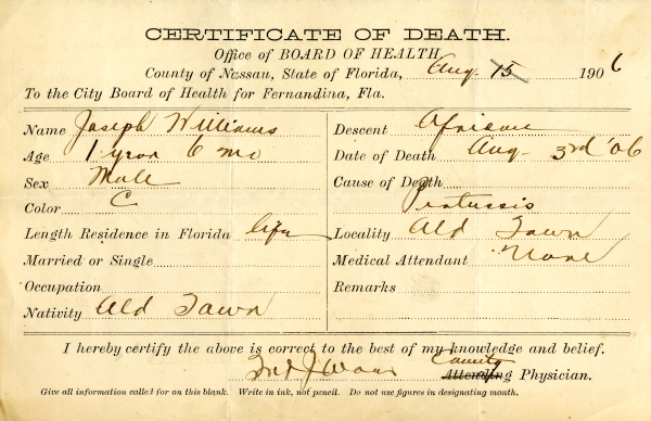 Williams, Joseph death certificates