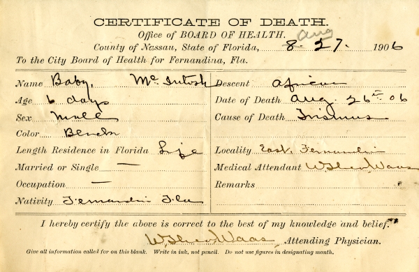 McIntosh, Baby death certificates