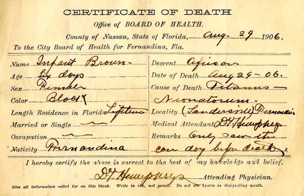 Brown, Infant death certificates