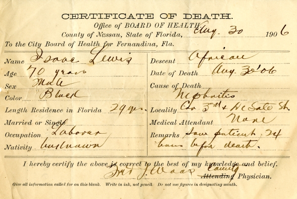 Lewis, Isaac death certificates