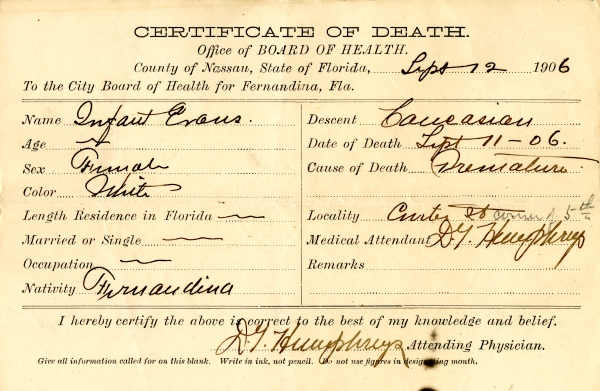 Evans, Infant death certificates