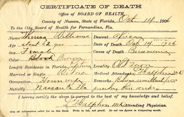 Williams, Theresa death certificates
