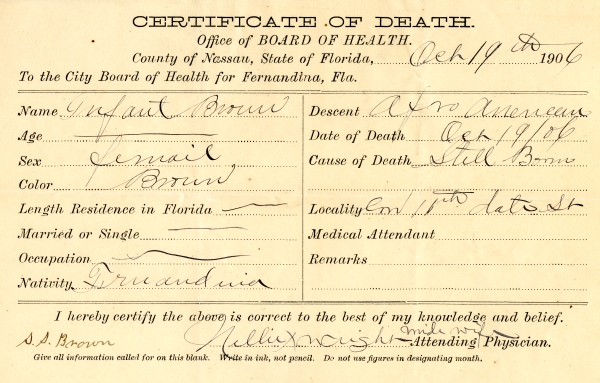 Brown, Infant death certificates