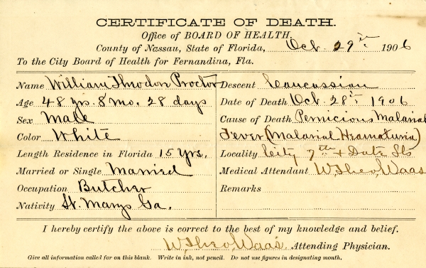 Proctor, William Theodore death certificates