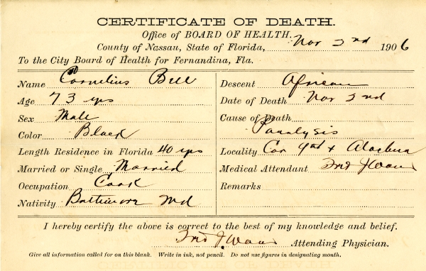Bell, Cornelius death certificates