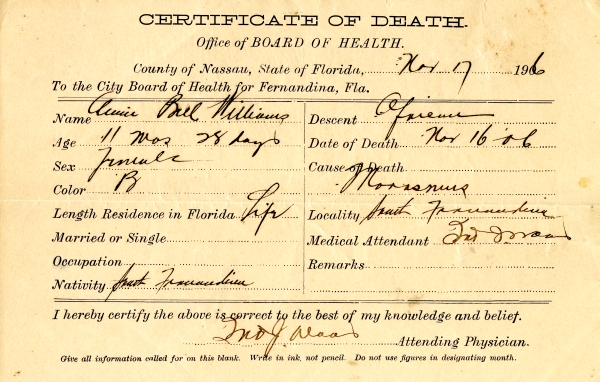 Williams, Annie Bell death certificates