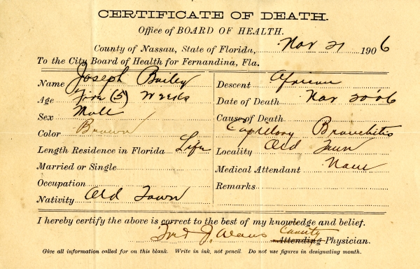 Bailey, Joseph death certificates