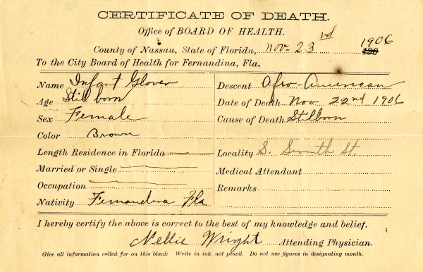 Glover, Infant death certificates