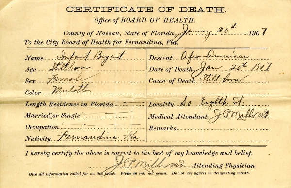 Bryant, Infant death certificates