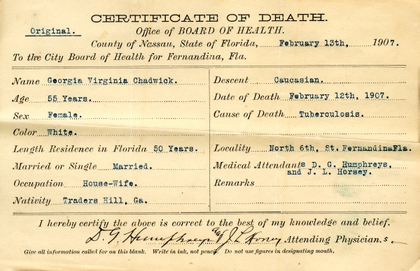 Chadwick, Georgia Virginia death certificates