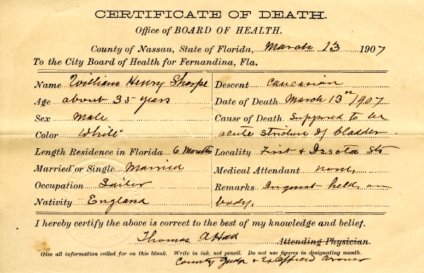 Sharpe, William Henry death certificates