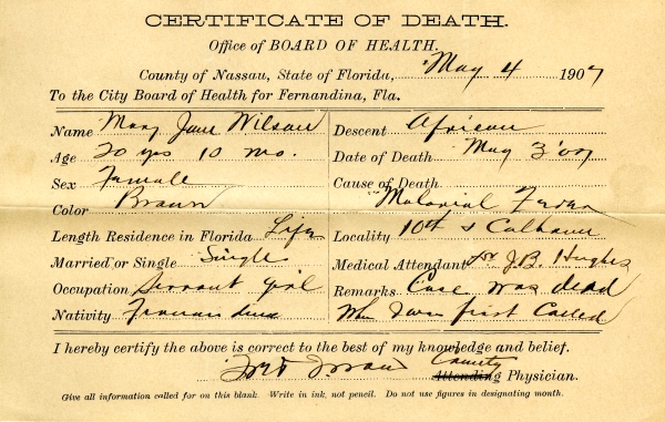 Wilson, Mary Jane death certificates