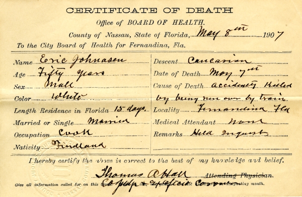 Johnasen, Eric death certificates