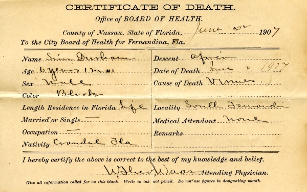 Durham, Sim death certificates
