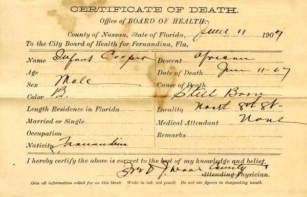 Cooper, Infant death certificates