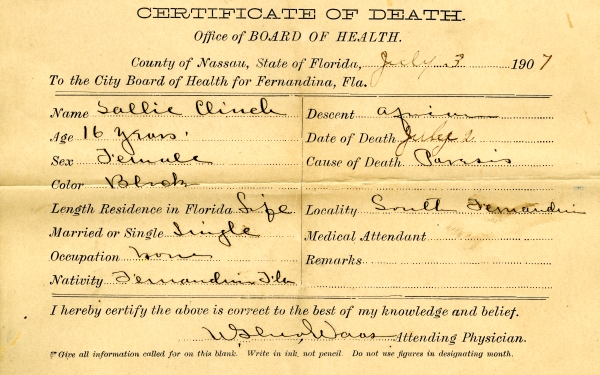 Clinch, Sallie death certificates