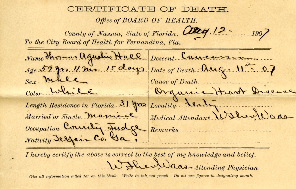 Hall, Thomas Agustis death certificates