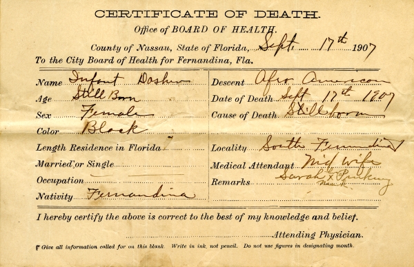 Dasher, Infant death certificates