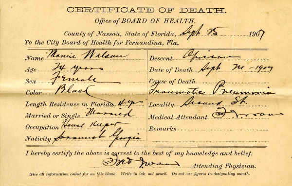 Wilson, Mamie death certificates