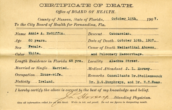 McGiffin, Annie A. death certificates