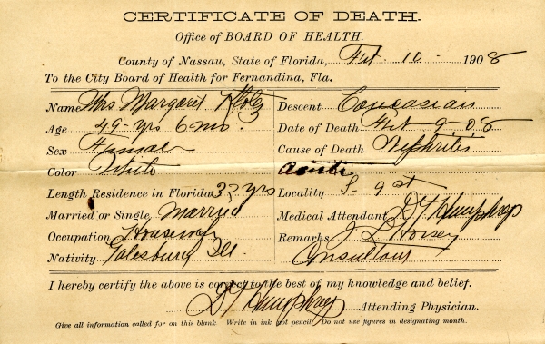Klotz, Mrs. Margaret death certificates