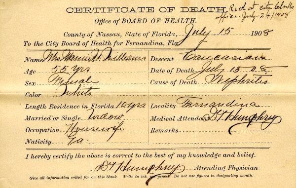 Williams, Mrs. Mammie M. death certificates