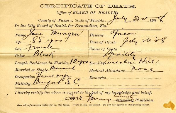 Mungen, Jane death certificates