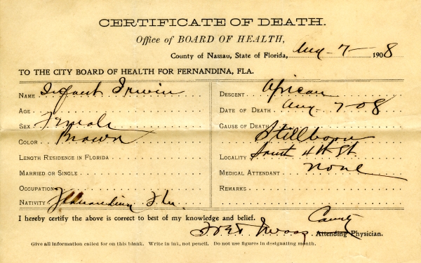 Irwin, Infant death certificates