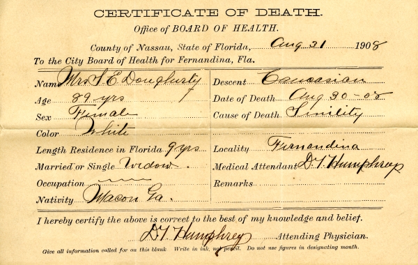 Dougherty, Mrs. S. E. death certificates