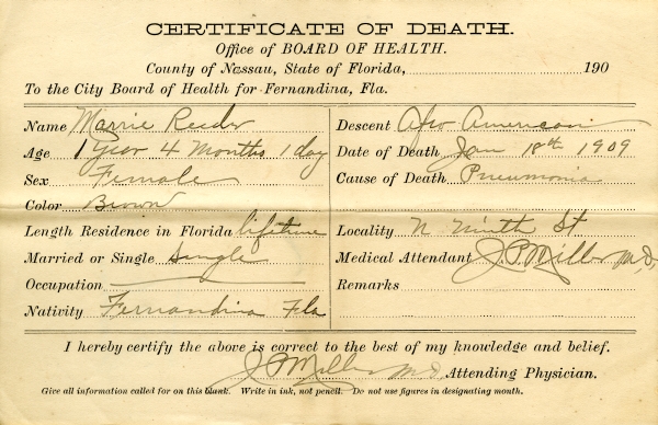 Reader, Marrie death certificates