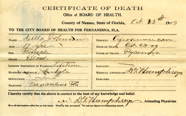 Johnson, Della death certificates