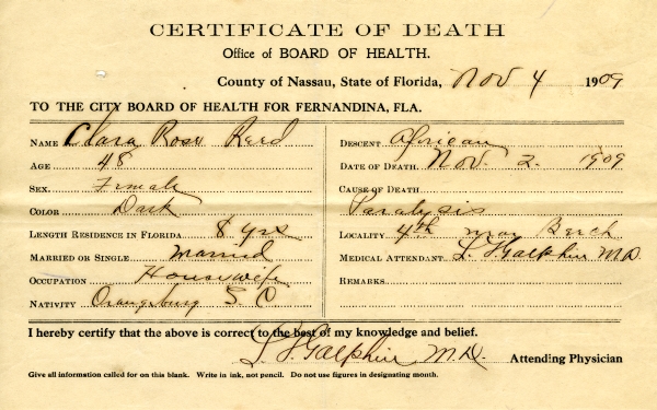 Reed, Clara Rose death certificates