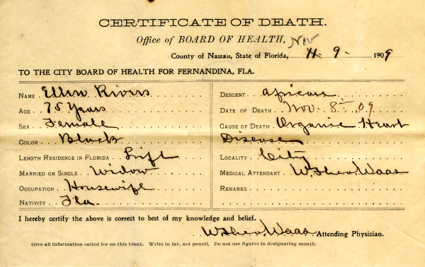 Rivers, Ellen death certificates