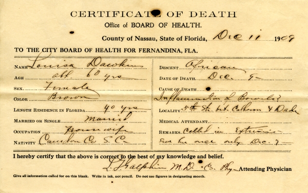 Dawkins, Louisa death certificates