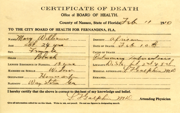 Williams, Mary death certificates