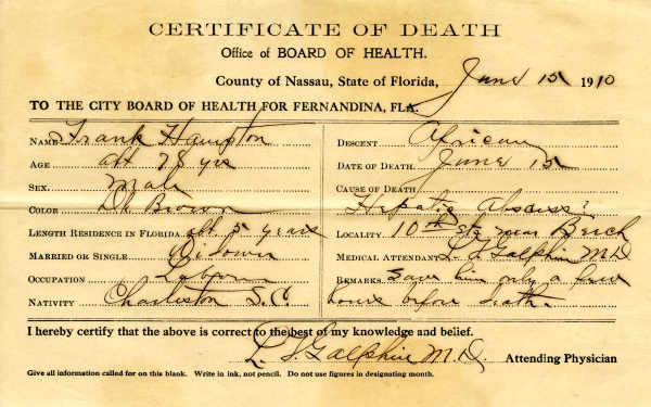 Hampton, Frank death certificates