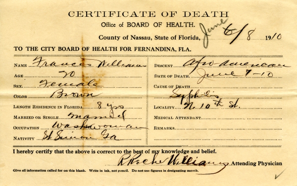Williams, Frances death certificates