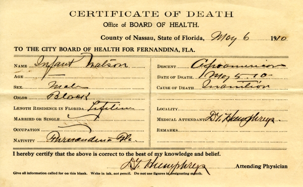 Watson, Infant death certificates