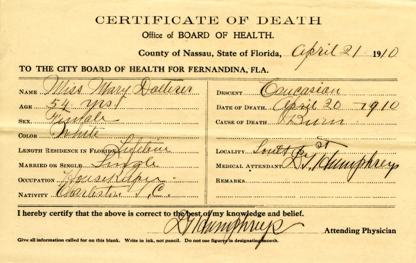 Dalterer, Miss Mary death certificates