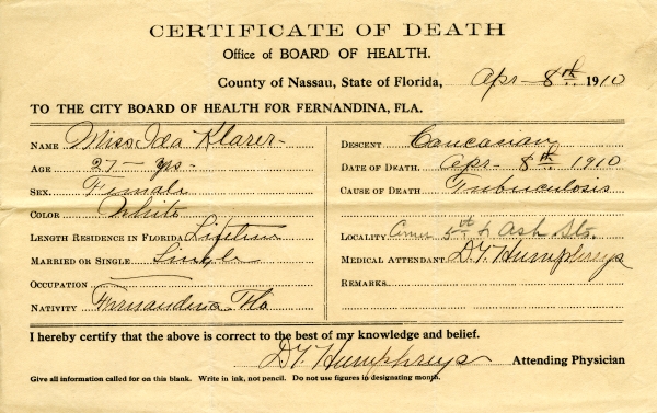 Klarer, Miss Ida death certificates