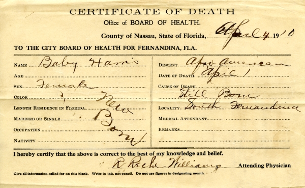 Harris, Baby death certificates